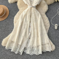 Robe décontractée élégante pour femme WIWT, coupe trapèze, broderie en dentelle, avec ceinture, col cranté, manches courtes, boutonnée, longueur midi, pour tous les jours