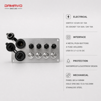 DAMAVO Panneau de commutation 4 voies en acier inoxydable 12V/24V 10A avec chargeur USB, prise d'alimentation et panneau de fusibles pour bateau, camping-car, camion, automobile