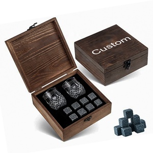2 Crystal Shot Glasses in Wooden Box Whiskey Stones and Glass Set