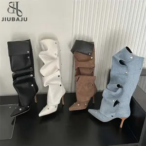 Metal Button Spliced Denim Boots High Heels 2024 High Barrel Boots Luxury Model Fashion Boots