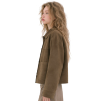 Veste courte en faux daim pour femme, kaki foncé, boutonnée, avec poches plaquées et couture de joque, manches longues, OEM ODM