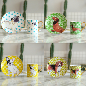 Tasse à café en céramique avec assiette à dessert, pour la maison, différents types <span class=keywords><strong>de</strong></span> décalcomanies imprimées personnalisées, poignée en or, mignon chien, bon marché - Product Image 3