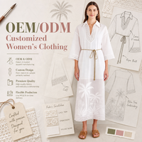 Robe de plage élégante personnalisée avec broderie de palmiers, col en V, manches 3/4, robe de plage pour femmes, robe de vacances, robe kaftan maxi blanche