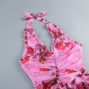 Elegante cuello Halter Floral Ruffle Maxi vestido sin mangas de flores sin espalda Slit Beach Holiday Party vestido largo ropa de mujer - Product Image 6