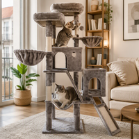 Arbre à chat gris moderne avec poteaux à gratter en sisal naturel, tissu peluche doux, tour à gratter en bois, maison de jeu robuste pour chatons
