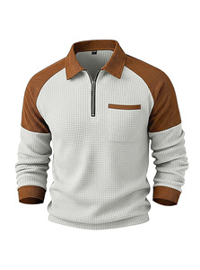 Polo à demi-zip en maille gaufrée pour homme, manches longues, décontracté, avec col et poche, anti-boulochage, coupe classique - Product Image 3