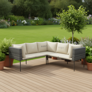 Conjunto de Sofá Esquinero de Jardín en Ratán Sintético Gris y Beige, Muebles de Exterior Duraderos, Diseño Contemporáneo, Cojines de Espuma de Alta Densidad - Product Image 2
