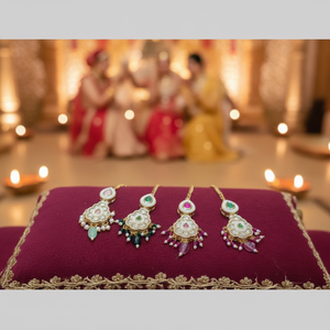 Jewelemarket Green & Pink Gold Plated Maangtikka with <b>Crystal</b> Stone and Pearls Fashion Jewelry <b>Set</b> - Product Image 3