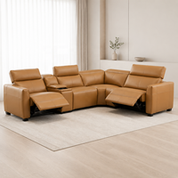 Canapé d'angle moderne en cuir extensible avec repose-têtes réglables, structure en bois et console centrale