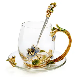 RORO Home Decoration New Design Enamel Jasmine Flower Glass Crystal Drinking Water Coffee Tea Juice Cup With Mat Coaster Spoon