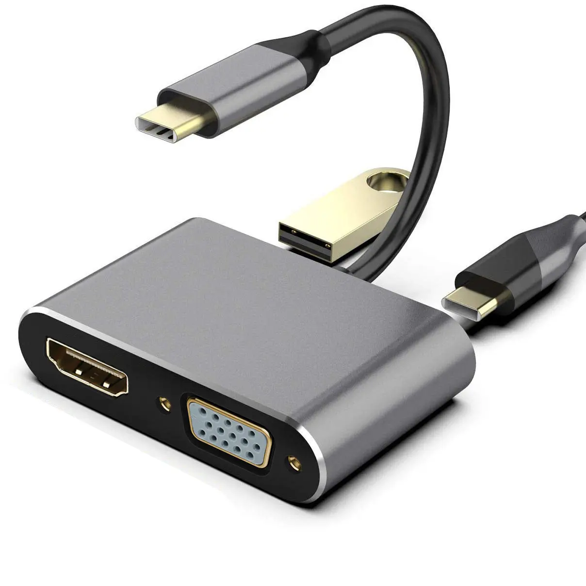 Hub adaptateur multiport HDMI VGA USB 3.0 PREMIUM avec prise en charge de la charge PD Moniteur d'affichage pour ordinateur portable 4 en 1 USB 3.1 Type C à 4K