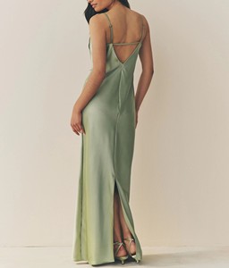 Sage Green Satin Floor-Length <b>Spaghetti</b> <b>Strap</b> Vintage Casual Summer Solid Hanging Neck Loose Comfortable Long Skirt - Product Image 5