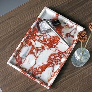 Plateau de service rectangulaire en marbre rouge Calacatta poli de luxe, marbre naturel imperméable, plateau décoratif pour nourriture, fruits, bijoux, villa - Product Image 5