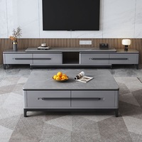 Meuble TV et Table Basse Modernes de Luxe en Marbre et Bois, Rétractables avec Rangement, Design Flottant en Pierre pour Salon