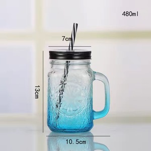16Oz Juice Mason <span class=keywords><strong>Cup</strong></span> Nhiều Màu Xử Lý Mô Hình Dập Nổi Có Nắp Rơm Chai Uống Ly Bia Cốc Cà Phê Gia Đình - Product Image 6
