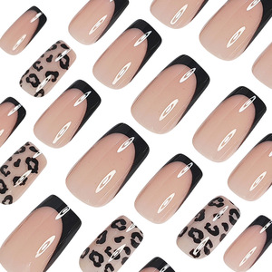 Uñas Postizas con Estampado de Leopardo Negro, 24 Piezas, Punta Francesa, Cuadradas, Brillantes, Uñas Postizas de Alta Gama, Sensuales, para Mujer - Product Image 2
