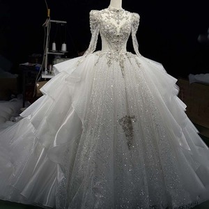 Hz011 Impresionante Vestido de Novia de Tul con Lentejuelas y Cristales Blancos Plateados, Estilo Halter con Volantes en Capas, Jancember - Product Image 5