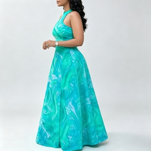 Magnifique robe longue trapèze personnalisée pour femme, imprimé marbré turquoise, col halter, dos nu, idéale pour les soirées et les bals de promo - Product Image 2