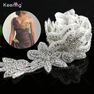 African online celebrities hot sew on silver rose gold flower rhinestone applique for clothing dress WRA-304