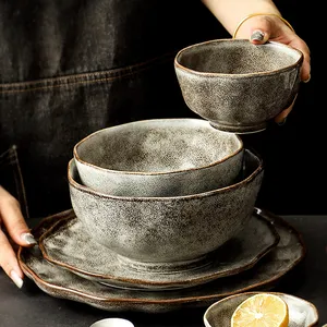 Рисовая чаша в японском ретро-стиле, керамическая обеденная тарелка, одиночная посуда, тарелка для салата и еды, оптовая продажа, большая миска для рамен и супа