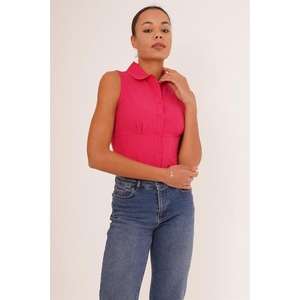 Camisa de Manga Corta Color Fucsia para Mujer con Detalle de Corsé, Blusas y Camisas al por Mayor - Product Image 3