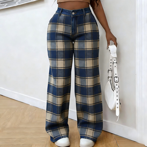 Jeans amples taille haute pour femmes, motif vintage à carreaux, <span class=keywords><strong>pantalon</strong></span> en denim décontracté style streetwear, vente en gros - Product Image 5