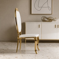 Chaise de salle à manger de style royal moderne en or, meubles de salle à manger en acier inoxydable, chaises de salle à manger de luxe avec dossier haut et revêtement en cuir
