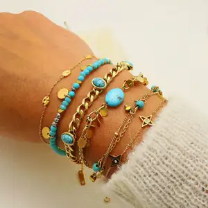 Vòng Tay Charm Đá Tự Nhiên Bằng Thép Không Gỉ Vòng Tay Gập Đa Năng Bằng Vàng 18 K Mặt Dây Chuyền Ngọc Lam Không Phai Màu Cho Nữ