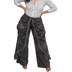 Pantalon en jean froncé à franges pour femme - Jean taille haute à jambes larges tendance - Product Image 6