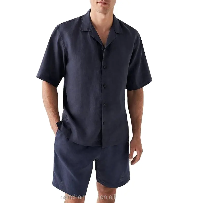 Camisa de lino de moda con botones y manga corta con cuello de campamento de mezcla de viscosa de ajuste relajado para hombre