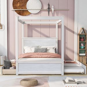 Lit à baldaquin en bois massif blanc avec tiroirs de rangement pour enfants, adultes et personnes âgées - Product Image 2