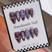 Ongles artificiels 100% faits à la main, à presser, de haute qualité, motif fleur 3D violette, forme amande, pour la décoration des ongles
