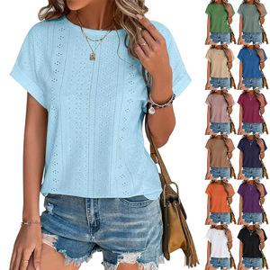 Fitspi Damen Frühling Sommer Lässige Atmungsaktive Einfarbige Gestrickte Übergröße Bluse Hemd Pointelle Lochstickerei Top Großhandel - Product Image 1