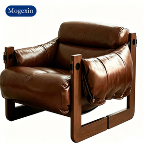 เก้าอี้หนังสไตล์วินเทจกลางศตวรรษที่ทันสมัย โครงไม้เนื้อแข็ง หนังสีน้ำตาลย้อนยุค เก้าอี้โซฟาเดี่ยวสำหรับห้องนั่งเล่น - Product Image 6