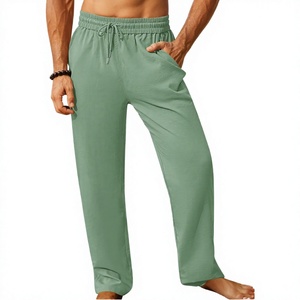 Pantalon de survêtement en tricot vert pour homme, taille élastique avec cordon de serrage, décontracté, léger, respirant, pantalon d'été avec poches latérales - Product Image 1