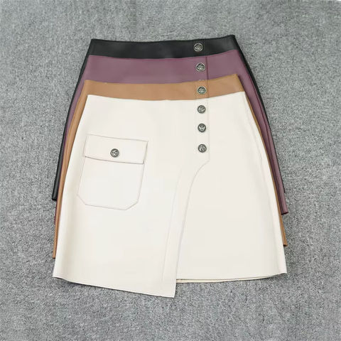 2335 Fashionable Hot Sale Splice Pocket Button Mini Asymmetrical Irregular Wrap Hip Sheepskin Skirt
