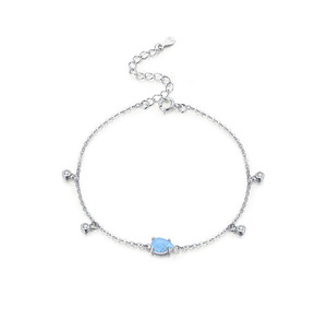 S925 Silver Minimalist Chain <b>Bracelet</b> With Blue Opal Water Drop And Rhodium Plated For Women's Everyday Wear - Product Image 1