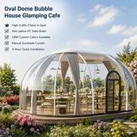 Dôme ovale de luxe en polycarbonate pour glamping, avec chambre et salle de bain, idéal pour les centres de villégiature et les séjours en gîte.