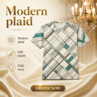T-shirt 3D AOP pour homme 100% polyester vert ivoire à grille fine croisée, séchage rapide, respirant, col rond, OEM ODM
