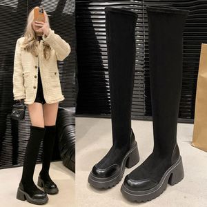 New Chelsea Knee-Length Women's <b>Boots</b> with Thick Heel and Suede Decoration Stylish & Comfortable for Winter/Summer Daily Wear - Product Image 3
