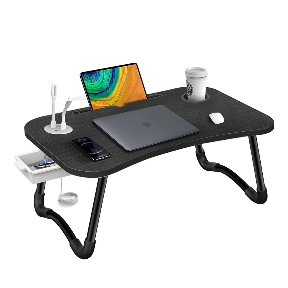Bed Table Laptop Stand with USB Charge Port, Laptop Tray Table Portable Bed Desk, Wooden Foldable Laptop Table for Bed