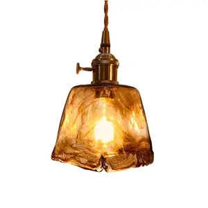 Retro amber artistic special-shaped brass glass chandelier bedside pendant lamp with warm light for living room bedroom