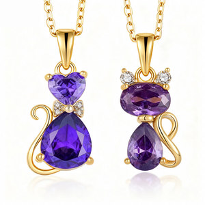 Kalung Liontin Kucing Perak Sterling 925 untuk Anak Perempuan - Perhiasan Anak Berlapis Emas dengan Zirkon Biru Ungu Hadiah - Product Image 1
