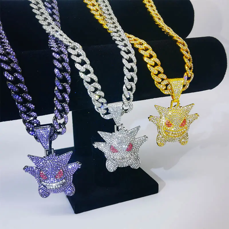 Rhinestone Cuban Link Chain Necklace With Pendants Men's Iced Hip Hop Jewelry Hip Hop Iced Out Gengar Bling Ghost Pendant Choker