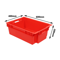 Caisse en plastique rouge empilable et réversible JOIN pour l'affichage des produits frais en supermarché et la logistique alimentaire