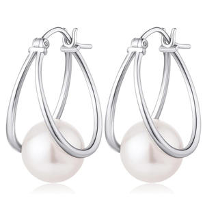 Pendientes de Aro de Oro Blanco E3695 con Perlas de Imitación en Engaste de Bisel, Estilo Clásico para Uso Diario de Mujeres - Product Image 1