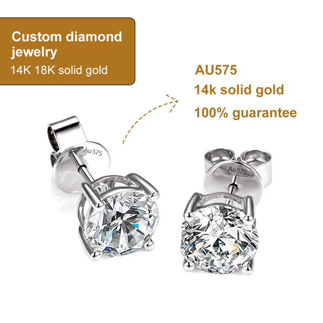 In Stock IGI Certificate CVD HPHT 0.5CT 1CT D VS1 14K Gold Four Claws Stud Classic Design Lab Grown Diamond Earrings