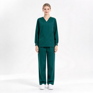 Ensemble uniforme de travail unisexe à manches longues, haut à col en V boutonné, pantalon droit à taille élastique, logo personnalisé pour hôpital et salon - Product Image 1