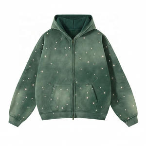 เสื้อฮู้ดดี้ผ้าฝรั่งเศสเนื้อเทอร์รี่ฟอกสีแบบเปล่า ทรงโอเวอร์ไซส์ แต่งลายขาดๆ ประดับคริสตัล สีดำ ทรงบ็อกซี่ แบบครอป ซิปหน้า - Product Image 1