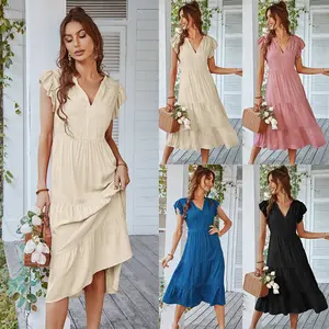 थोक फैशन कस्टम लेडी शिफॉन रफ़ल मैक्सी ड्रेस महिलाओं के लिए सुरुचिपूर्ण ग्रीष्मकालीन आरामदायक पोशाकें